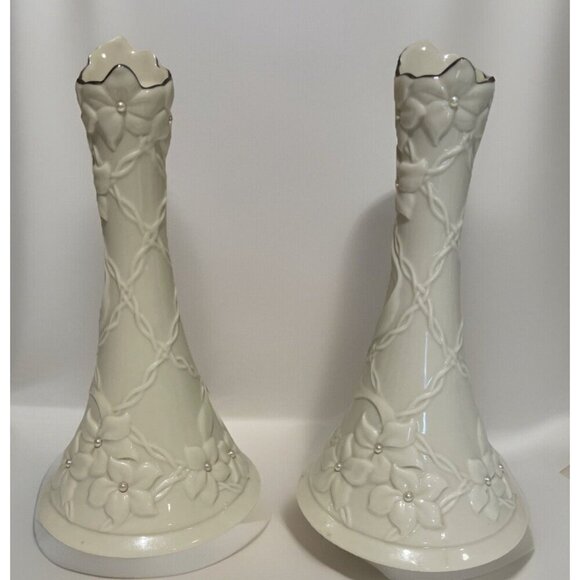 VTG Lenox CHERISH Porcelain Candlesticks Set of 2 Ivory Embossed Flowers Pearls - Picture 2 of 11